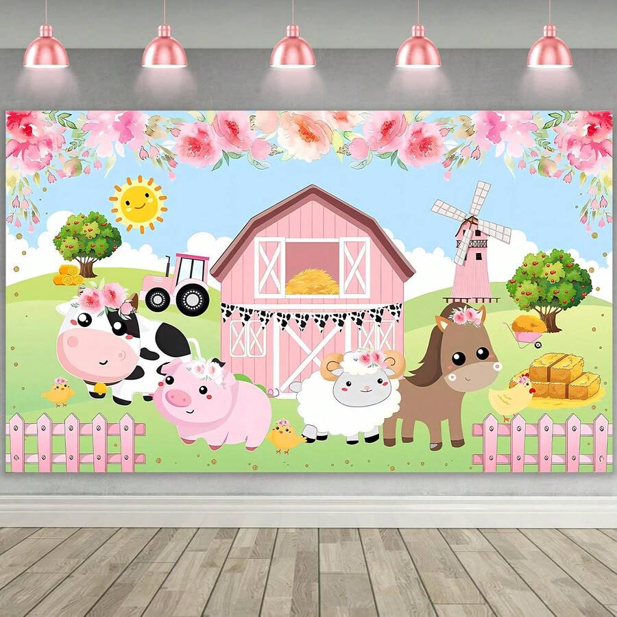 1 PIEZA Pancarta de fondo para fiesta de cumpleaños con tema de granja, 82.7 * 59.1/59.1 * 39.4/39.4 * 29.5 pulgadas con flores, vaca, lechón, cordero, decoración de fondo para fiesta de cumpleaños con tema de animales de granja, adecuada para fiesta de cumpleaños, mesa de pastel, fotomatón, sala de estar, dormitorio, estudio fotográfico, escena de transmisión en vivo, decoración de fondo de fiesta, suministros de regalo - Multicolor - Ver 1