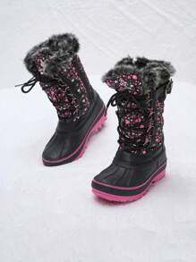Kids Snow Boots, Waterproof Insulated Mid Calf Winter Boots With Black Faux Fur Lining For Boys And Girls - 玫紅色 - 查看 1