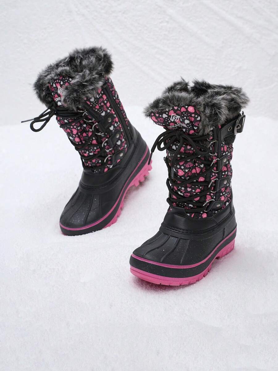 Kids Snow Boots, Waterproof Insulated Mid Calf Winter Boots With Black Faux Fur Lining For Boys And Girls - 玫紅色 - 查看 1
