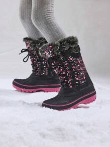 Kids Snow Boots, Waterproof Insulated Mid Calf Winter Boots With Black Faux Fur Lining For Boys And Girls - 玫紅色 - 查看 3