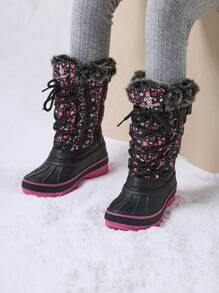 Kids Snow Boots, Waterproof Insulated Mid Calf Winter Boots With Black Faux Fur Lining For Boys And Girls - 玫紅色 - 查看 2