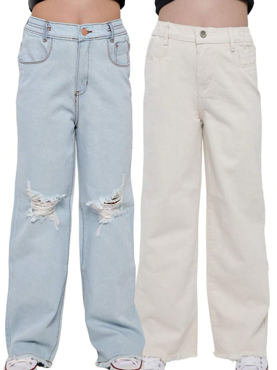 Kit 2 Girls Wide Leg Jeans For Children And Youth - 中等水洗藍 - 查看 1