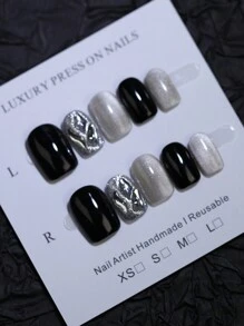 Uñas postizas 100% hechas a mano, 10 piezas de puntas de uñas cuadradas cortas reutilizables en negro con efecto ojo de gato lunar y pedrería blanca con brillo. Encantos de uñas falsas para uso diario, diseño de uñas de fiesta y suministros de uñas uñas falsas uña falsa uña acrílica