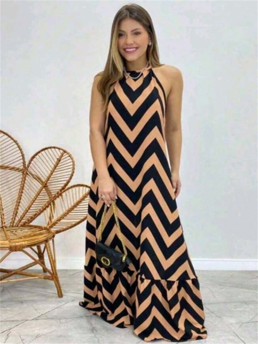 Women's Long Stripe Dress With Bulge And Tie At Neck - màu nâu - Xem 1