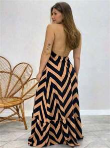 Women's Long Stripe Dress With Bulge And Tie At Neck - màu nâu - Xem 2