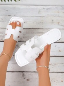 2025 European And American Style Women's Summer Flat Slippers, Open Toe Strap Minimalist Casual Non-Slip Plus Size Slides - White - View 4