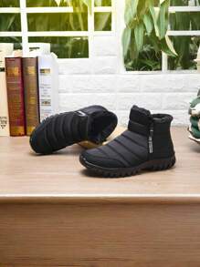 男士纯色套穿式雪地靴，保暖内衬，舒适防滑，侧拉链设计，男士冬季鞋履 - 黑色 - 查看 4