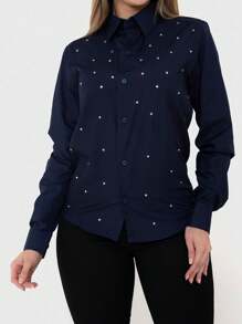 Women's Slim Long Sleeve Dress Shirt With Rhinestone Details - 藏蓝色 - 查看 5
