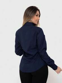 Women's Slim Long Sleeve Dress Shirt With Rhinestone Details - 藏蓝色 - 查看 8