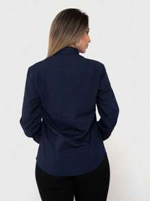 Women's Slim Long Sleeve Dress Shirt With Rhinestone Details - 藏蓝色 - 查看 7