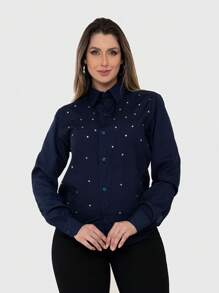 Women's Slim Long Sleeve Dress Shirt With Rhinestone Details - 藏蓝色 - 查看 2
