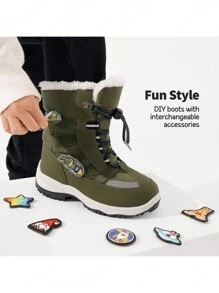 Boys Toddler Snow Boots Side Zipper Interchangeable Accessories Slip Resistant  Lined Mid Calf Little Kids Winter Shoes Stickers - 軍綠色 - 查看 5
