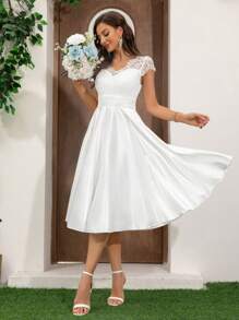 Ladies Satin Elegant Lace Fabric Wedding Dresses Bridal Shower Dresses, White Dress White Dress,Bride, For Valentine's Day - White - View 2