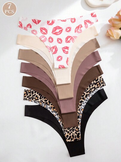 7pcs/Pack Women Seamless Low Waist Sexy Red Lip Print Bikini Underwear, Comfortable, Suitable For Fitness & Sports