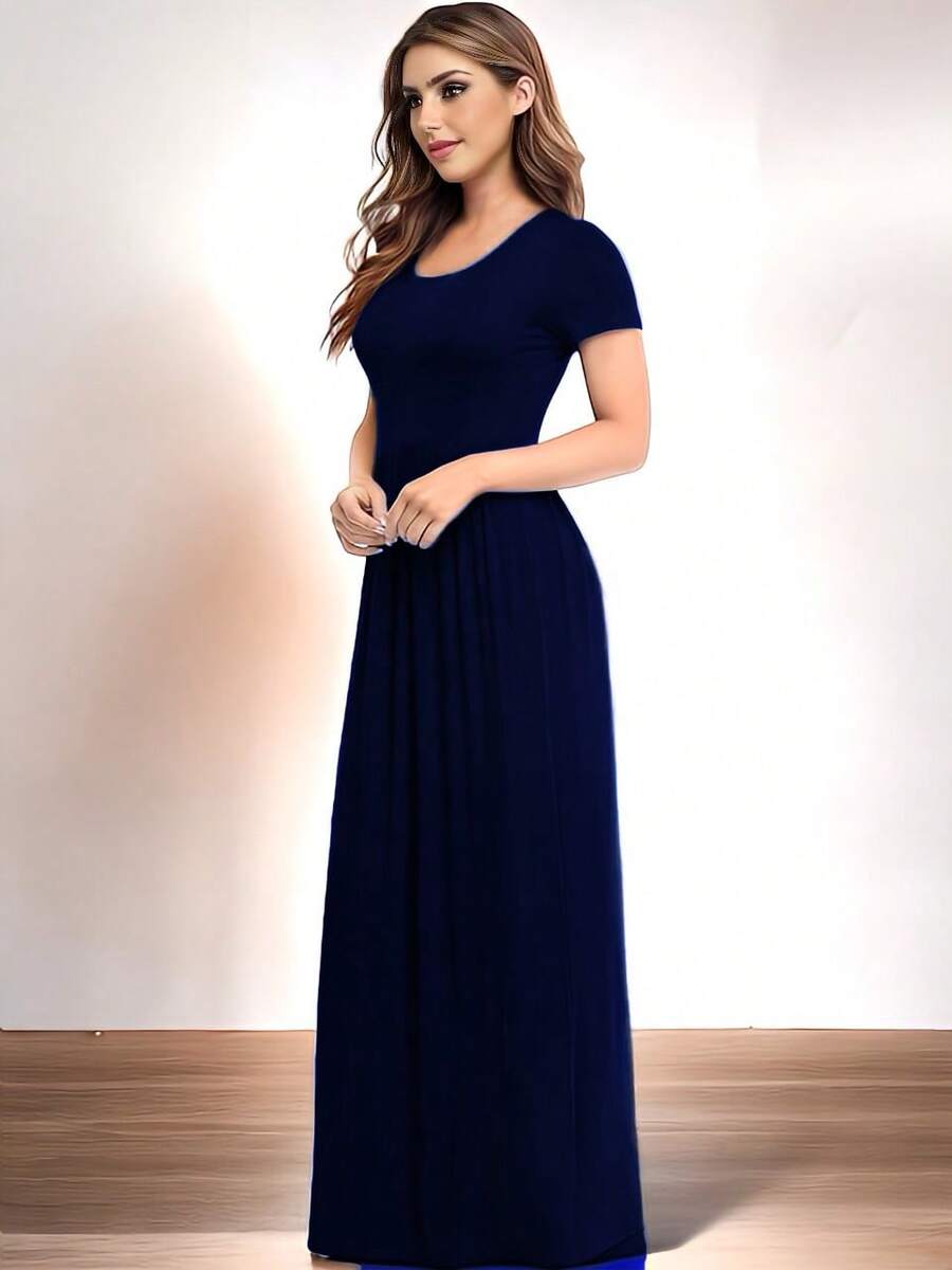 Vestido De Manga Corta Y Cuello Redondo Casual Para Mujer - Azul Marino - Ver 1
