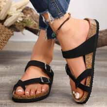 Women's Cork Footbed Sandal With Adjustable Buckle,Comfortable Summer Beach Sandals - 黑色 - 查看 11