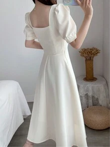 Vestido Elegante de Verano para Mujer de Unicolor, Vestidos Transpirables Cómodos Casuales de Verano para Mujer - Blanco - Ver 3