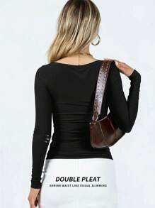 Yefecy Damen 1 Stücke Oberteil, langärmelig, quadratischer Ausschnitt, enganliegendes Stretch-T-Shirt, bauchfreies Oberteil - Schwarz - Übersicht 2