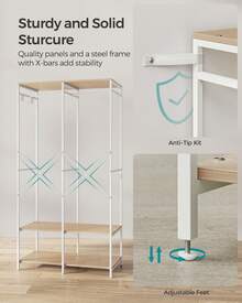 SONGMICS Portable Clothes Wardrobe, Foldable Closet, Clothes Rack Freestanding, Closet Organiser, With Hanging Rods, Storage Shelves, Removable Hooks - 米色 - 查看 4