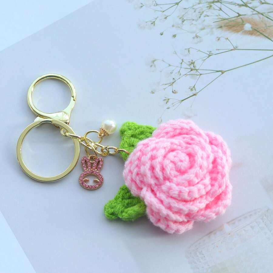 1 件手工钩针玫瑰/向日葵钥匙扣，手工钩针花，适用于背包装饰、汽车钥匙装饰、婚礼派对礼品、节日礼物、毕业典礼、圣诞节