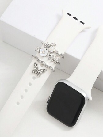 4pcs Fashion Rhinestone Decorative Ring, Clasp, Pins Set Compatible With Apple Watch Bands