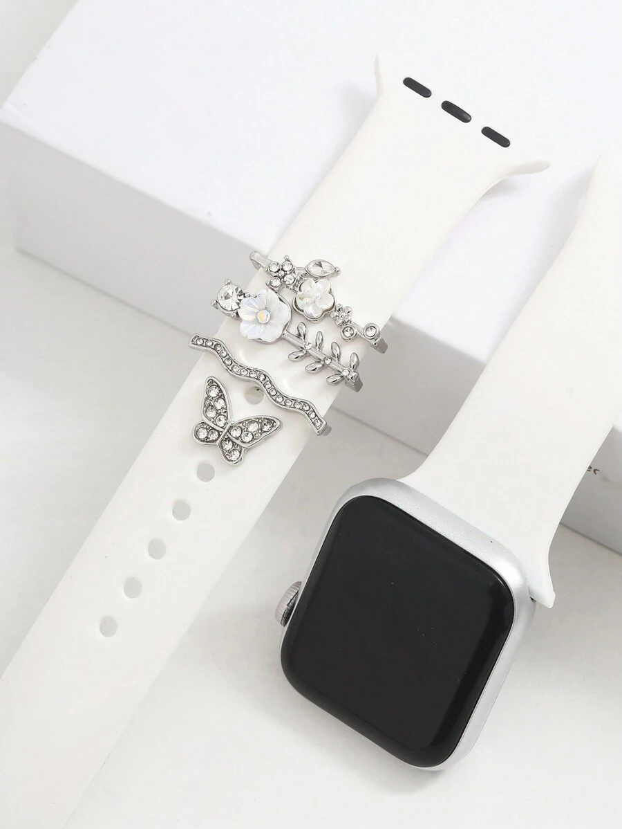 4 pezzi set di anelli decorativi, fermagli e spille alla moda con strass compatibili con i cinturini per Apple Watch - Argento - Visualizzare 1