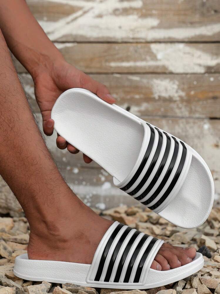 男士条纹露趾拖鞋，轻便、防滑、快干拖鞋，适合室内和室外散步 - 白色 - 查看 3