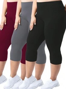 3 Packs Plus Size Capri Leggings For Women Stretchy X-Large-5X Tummy Control High Waist Spandex Workout Yoga Pants Summer Active Wear Leggings - 彩色 - 查看 1