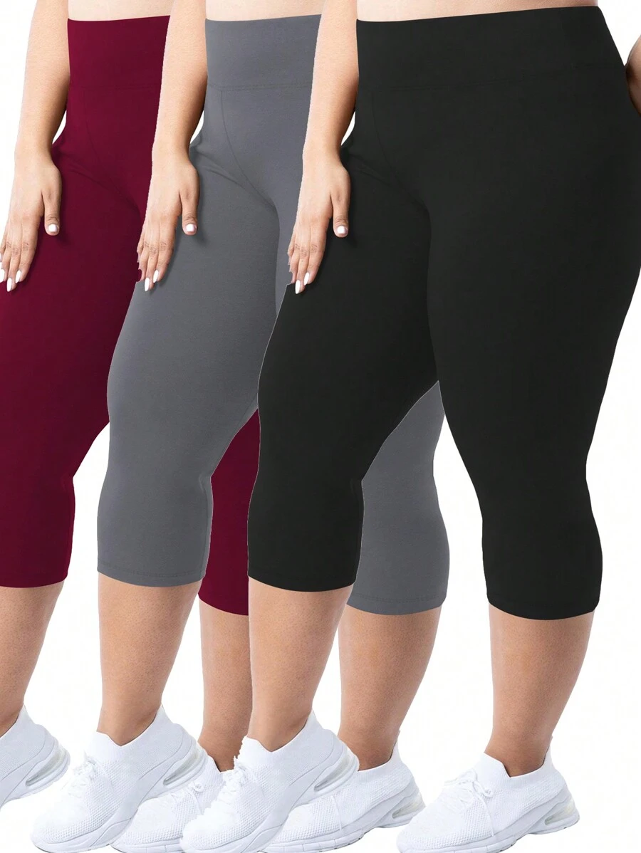 3 Packs Plus Size Capri Leggings For Women Stretchy X-Large-5X Tummy Control High Waist Spandex Workout Yoga Pants Summer Active Wear Leggings - 彩色 - 查看 1