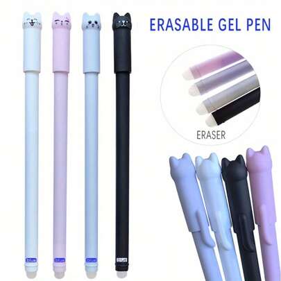 Caneta gel apagável gato 4 unidades, 0,5 mm tinta mágica azul preto conjunto de caneta com borracha borracha criativa papelaria escolar