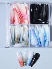 96pcs(4style) Long Coffin Gradient Glitter Design Acrylic Nail Tips Full Cover False Nail Tips Press On Nails With Storage Box As For Suitable For Women And Girls Daily Life And Party Use - Multicolor - View 4
