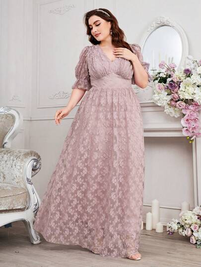 Plus Size Bridesmaid High Waist V-Neck Lace Sheath Dress, Elegant Banquet Wedding Party Gown