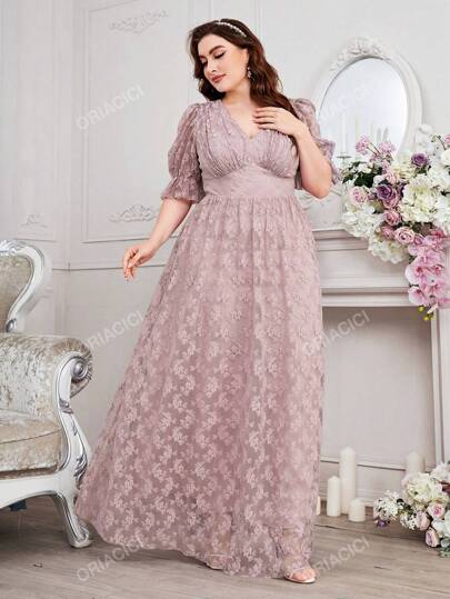 Plus Size Bridesmaid High Waist V-Neck Lace Sheath Dress, Elegant Banquet Wedding Party Gown