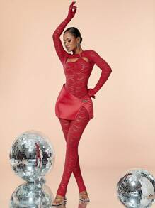 Valentine Cutout Detail Lace Overlay Unitard Jumpsuit With Satin Skirt,Ladies' Gothic Sexy Halloween Clothing - Burgundy - View 7