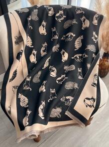 1 件仿羊绒可爱猫咪图案提花保暖围巾，女士秋冬时尚配饰 - 彩色 - 查看 2