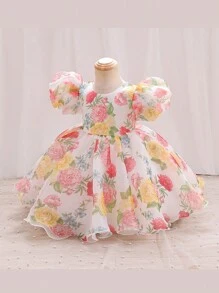 Váy dự tiệc công chúa tay bồng in hoa cho bé gái - Màu vàng - Xem 1