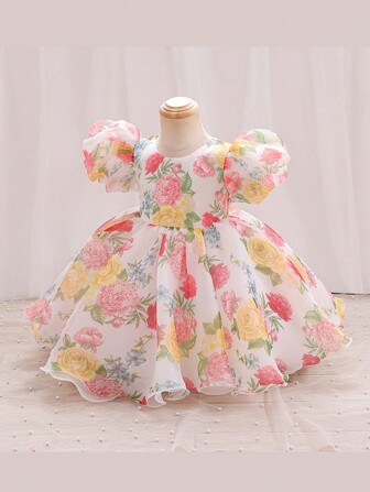 小女孩花卉印花泡泡袖公主派对连衣裙