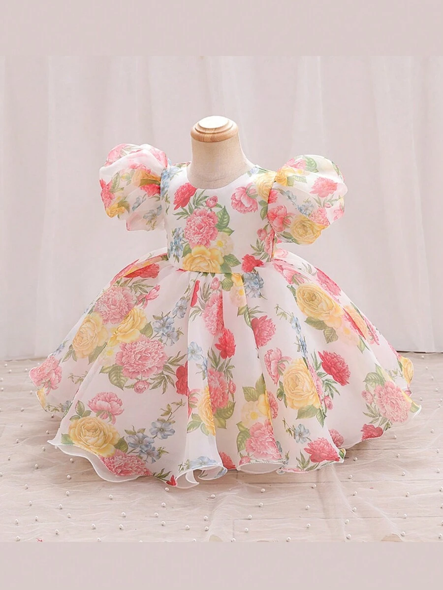 Váy dự tiệc công chúa tay bồng in hoa cho bé gái - Màu vàng - Xem 1