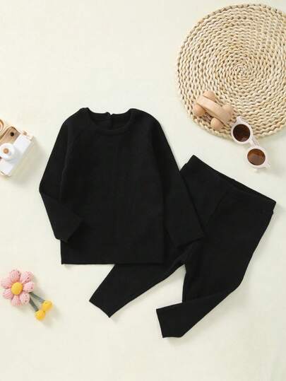 2pcs Baby Girl Solid Color Long Sleeve Top And Long Pants, Minimalist Knit Casual Set