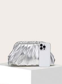 Women's Solid Color PU Pleated Cloud Bag, Retro Style, Large Capacity, Fashionable, Suitable For Outings And Shopping - Silver - View 3