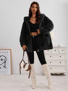 Chaqueta Esponjosa Cálido Para Mujer De Capucha,Abrigo Elegante De Peluche Con Cremallera De Manga Larga,Chaqueta De Color Sólido Casual Holgado Femenino - Negro - Ver 4