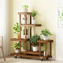 UNHO Plant Stand With Wheels: 6 Tiered Wooden Shelf Rolling Storage Rack Holder For Patio Garden Livingroom Balcony Yard Indoor Outdoor Display Potted Flowers Succulents Herbs - Màu Khaki - Xem 3