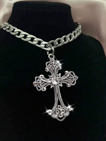 Exaggerated Vintage Silver Tone Floral Cross Pendant Necklace, Gothic Retro Hiphop Design, Thick Chunky Chain Necklace For Men And Women