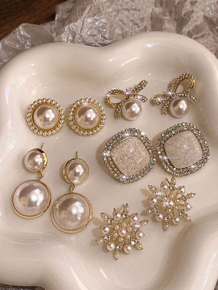 5pcs/Set Crystal Rhinestone Bowknot & Faux Pearl Elegant Stud Earrings Set For Women Valentines - Set a - View 1