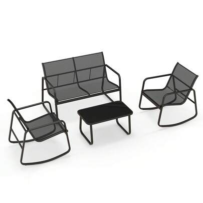 4 Piece Patio Rocking Set, 2 Rocking Chairs & Loveseat With Glass-Top Table, Patio Furniture Set With Smooth Rocking Motion, Outdoor Rocker Chair Conv
