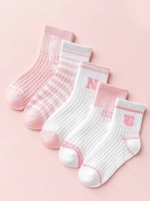 5雙女孩條紋圖案透氣時尚中筒襪適用於日常生活 - 彩色 - 查看 8