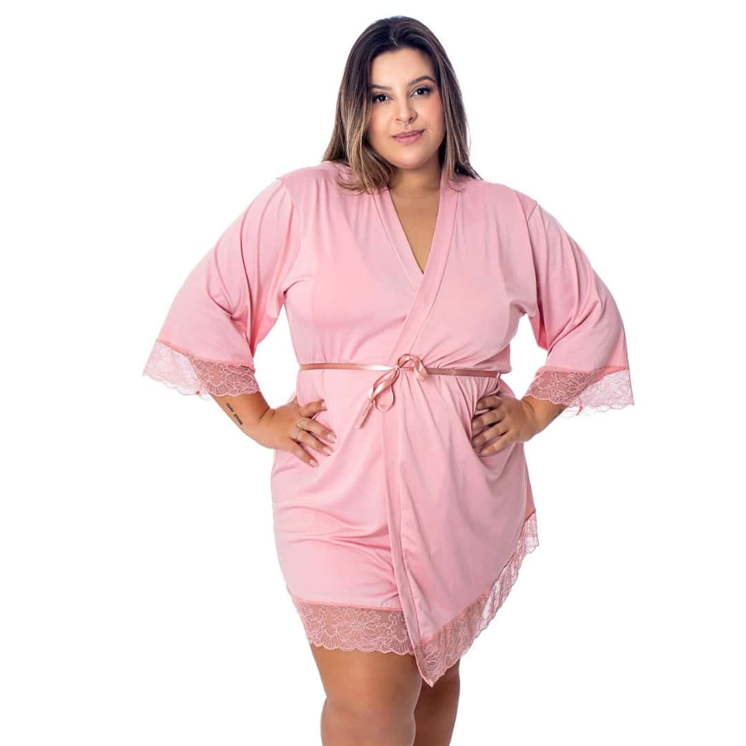 Sexy Plus Size Microfiber Robe With Satin Bow For Bride With Lace Details Half Sleeve - 乾枯玫瑰色 - 查看 1