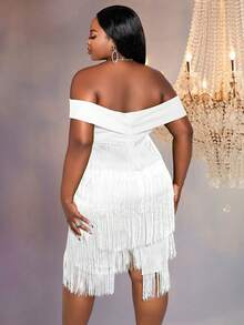 Plus Off Shoulder Fringe Trim Dress - White - View 3