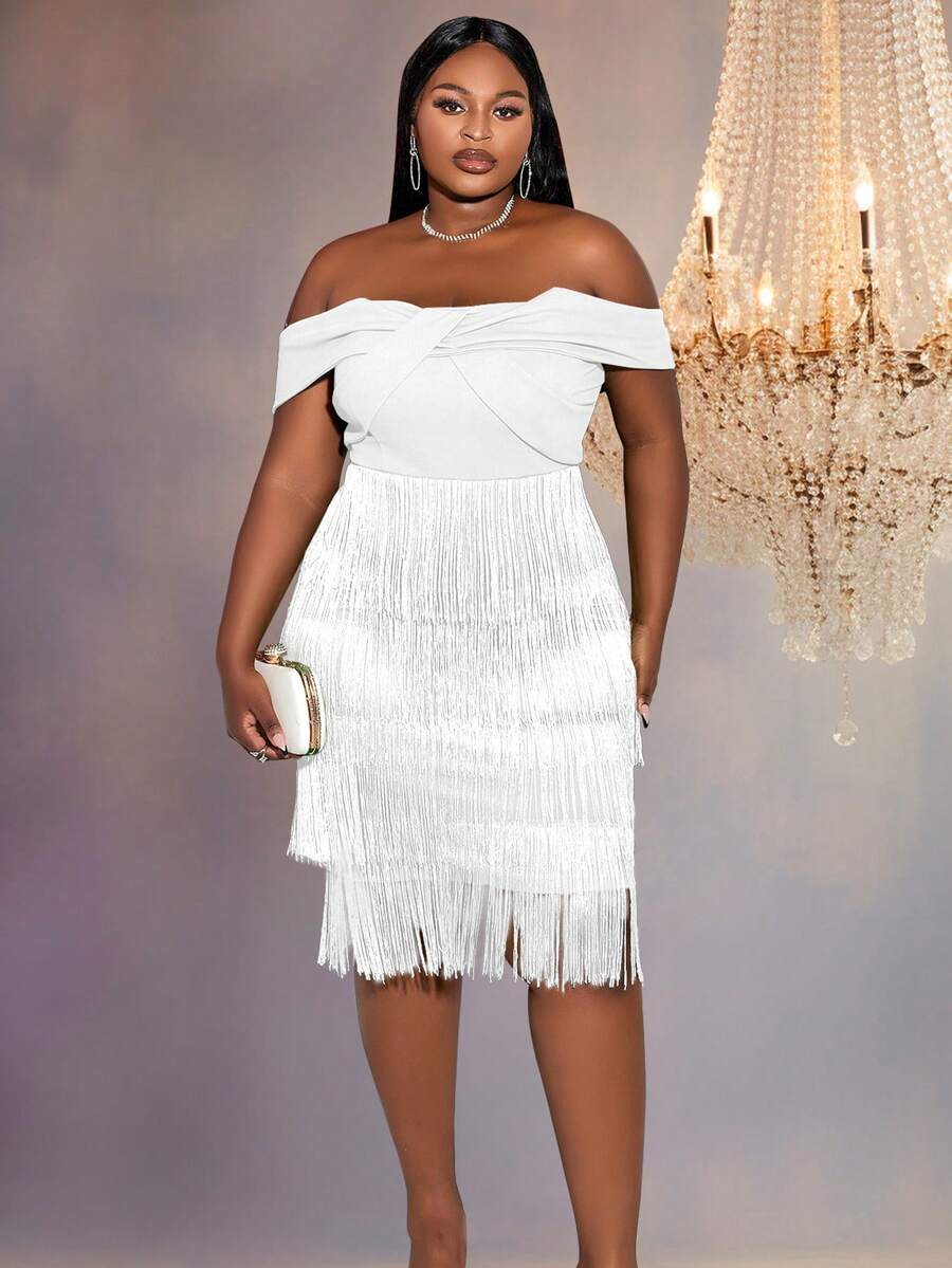 Plus Off Shoulder Fringe Trim Dress