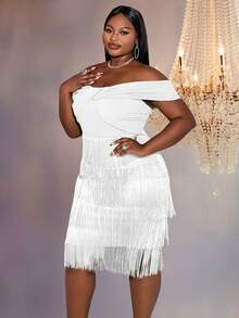 Plus Off Shoulder Fringe Trim Dress - White - View 6
